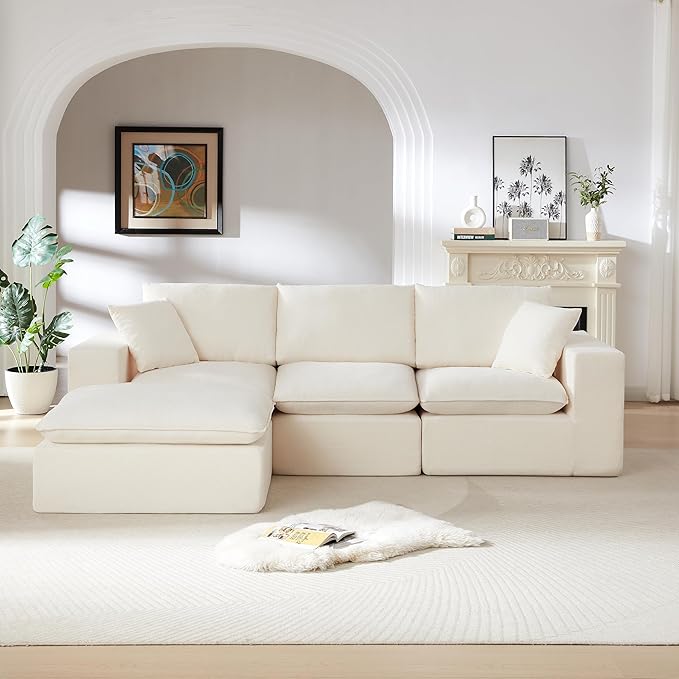 Cloud Modular Sectional Couches Boneless Sofa for Living Room, L Shaped Corner Couch with Movable Ottoman, Memory Foam Compressed 3 Seater Sofa for Bedroom Apartment | Plush, Wider Armrest, Free Combination
