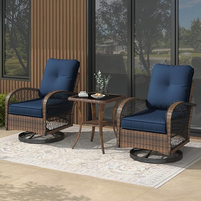 EROMMY 3 Pieces Patio Furniture Set, Outdoor Swivel Rocker Patio Chairs, Wicker Patio Bistro Set with Rocking Chair, Thickened Cushions and Glass Coffee Table for Backyard, Garden, Navy Blue