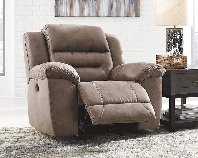 Signature Design by Ashley Stoneland Modern Power Recliner with Gentle Rocking Motion, One-Touch Power Control, Faux Leather, 20.5" Seat Height, Brown