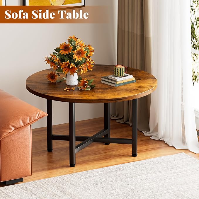 Coffee Table, 23.6" Small Coffee Tables, Rustic Brown Round Coffee Tables for Living Room, Floor Table for Sitting on The Floor, Center Coffee Table with Metal Frame Industrial Office Home