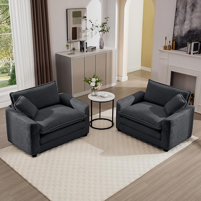 KEIKI 2-Piece Sofa Set with 2 Oversized Corduroy Single Sofa, Upholstered Modern 2-Seater Lounge Accent Chair Set with 2 Pillow, High-Density Foam Cushions, Removable Armrests, for Living Room, Grey