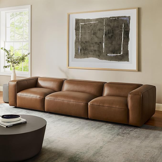 Modway Auren Vegan Leather 3 Piece Modular Sofa in Coffee - Faux Leather 3 Seater Couch - Comfy Mid Century Modern PU Leather Sofa for Living Room, Apartment, Loft