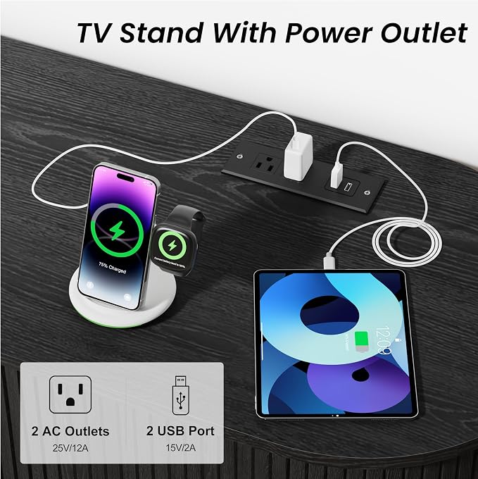 DHH 55 Inch Mid Century Modern TV Stand with Power Outlet for TVs up to 60 Inch, Entertainment Center with Storage and Adjustable Shelves, Media Console with Sliding Doors for Living Room(Black) - Image 5