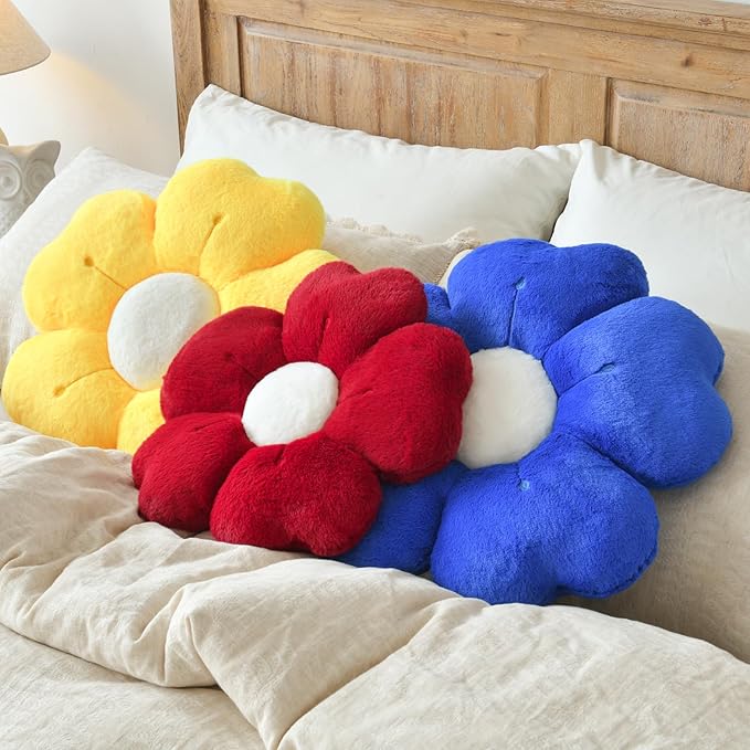 Flower Shaped Pillow, Cute Decorative Throw Pillows with Soft Rabbit Fur for Couch Bed Chair Floor, Christmas Pillow Seating Cushions with Room D??cor for Bedroom Living Room(14.9 Inches Gemstone Blue)