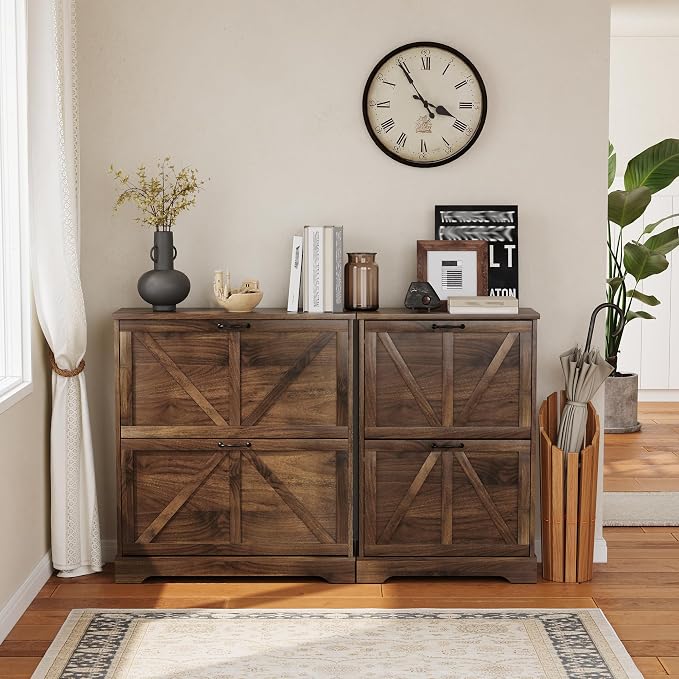 Semiocthome Farmhouse Shoe Storage Cabinet with 2 Flip Drawers, 31.5"(W) Freestanding Shoe Organizer with Barn Door and Metal Handles for Entryway, Corner Rustic Narrow Shoe Rack Cabinet - Walnut - Image 8