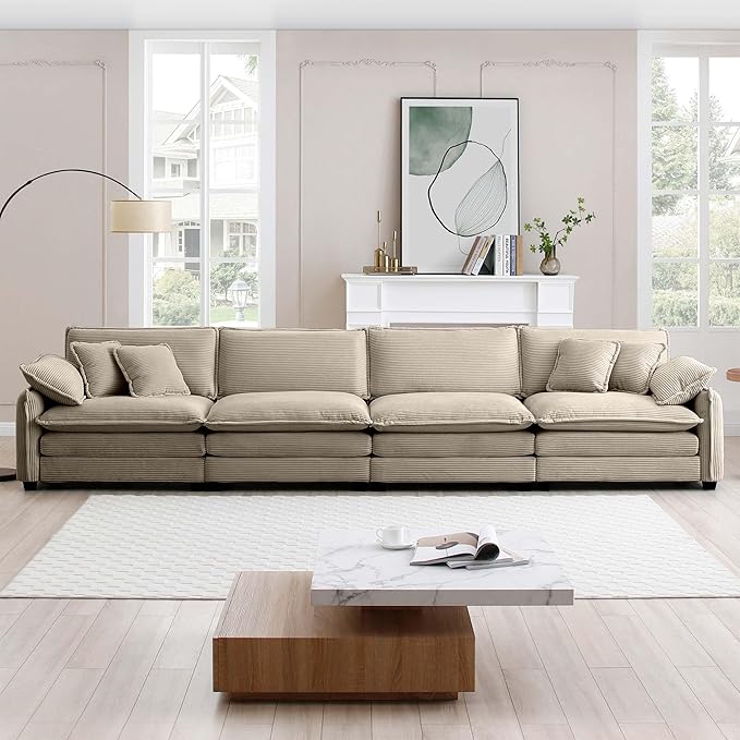 KEIKI 150" Oversized Corduroy Modular Sectional Cloud Sofa with High-Density Foam Cushions, Removable Armrests, Upholstered Modern 4-Seater Fluffy Corner Couch with 6 Pillow, for Living Room, Tan