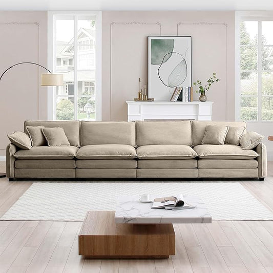 KEIKI 150" Oversized Corduroy Modular Sectional Cloud Sofa with High-Density Foam Cushions, Removable Armrests, Upholstered Modern 4-Seater Fluffy Corner Couch with 6 Pillow, for Living Room, Tan