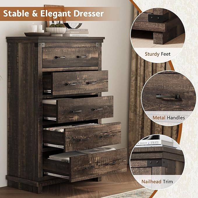 AMERLIFE 5 Pieces Farmhouse Bedroom Set, Includes Rustic Queen Bed Frame with 54" Tall Headboard, 6 Drawer Dresser, 5 Drawer Tall Chest, Nightstands Set of 2 with Charging Station, Black Oak