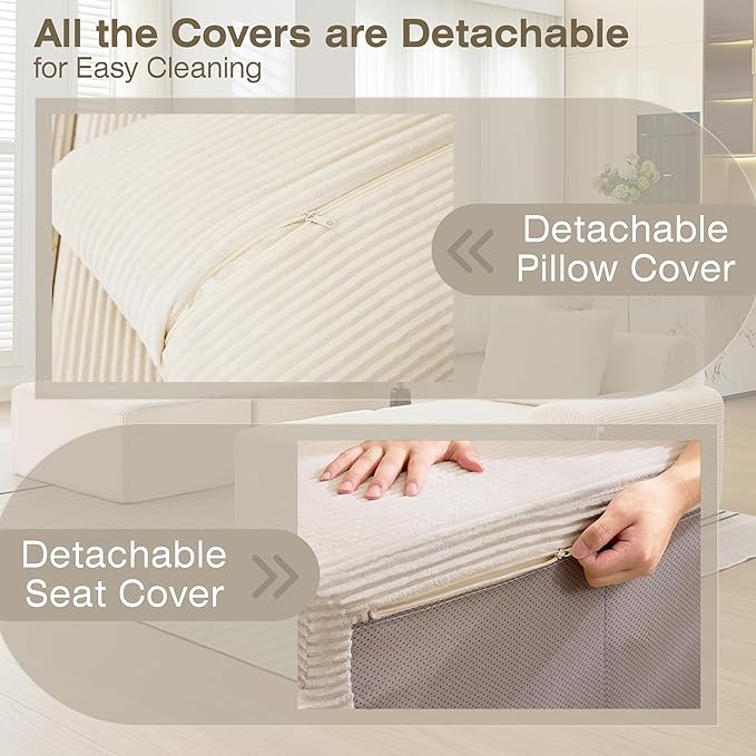 Boneless Couches for Living Room, Corduroy Couch, Modular Sectional Sofa, Big Comfy Couch, Modular Cloud Sofa with Deep Seat, Sofa Bed (White, 4 Pieces-Bedshape)
