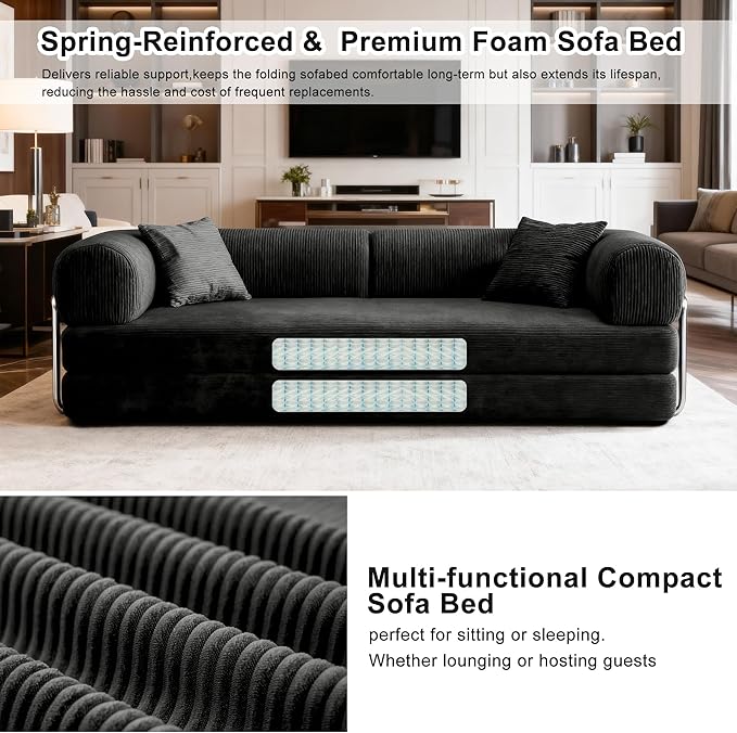 78 Inch Folding Convertible Sofa Bed, 4-in-1 Oversized Cloud Corduroy Upholstered Boneless Couch, Loveseat Sleeper with Pull Out Bed, Modular Futon Floor Sofa Couch for Living Room Bedroom Lounge