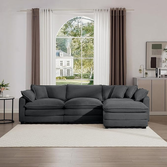 KEIKI 115" L-Shaped Oversized Corduroy Modular Sectional Sofa with 1 Ottoman, High-Density Foam Cushions, Removable Armrests, Upholstered 3-Seater Corner Couch with 5 Pillow, for Living Room, Grey