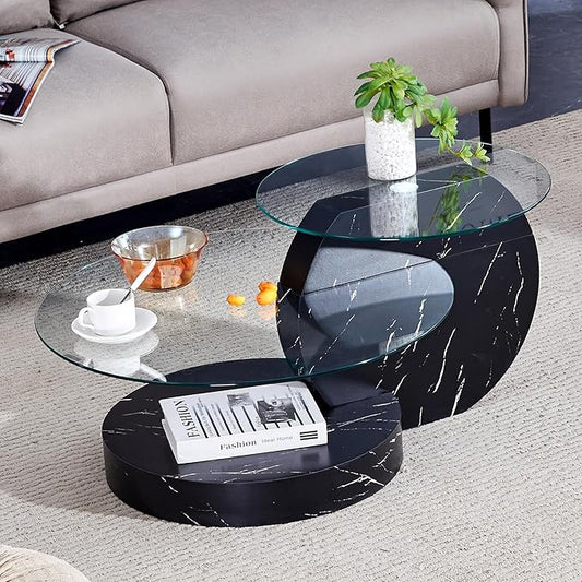 35.4" Glass Coffee Table, Round Coffee Table, 2-Tier Tempered Glass Tabletop with Black Faux Marble Base, Modern Center Table for Living Room, Home, Apartment, Ideal for Small Space