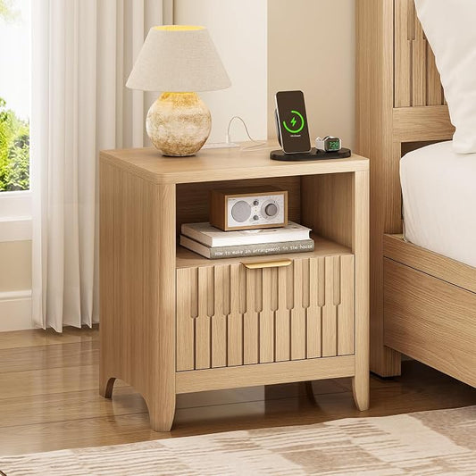 Fluted Nightstand with Charging Station, Modern Bedside Table with Storage Drawer, Open Shelf & Curved Corner, Mid Century Night Stand End Side Table for Bedroom, Natural Oak by Unknown