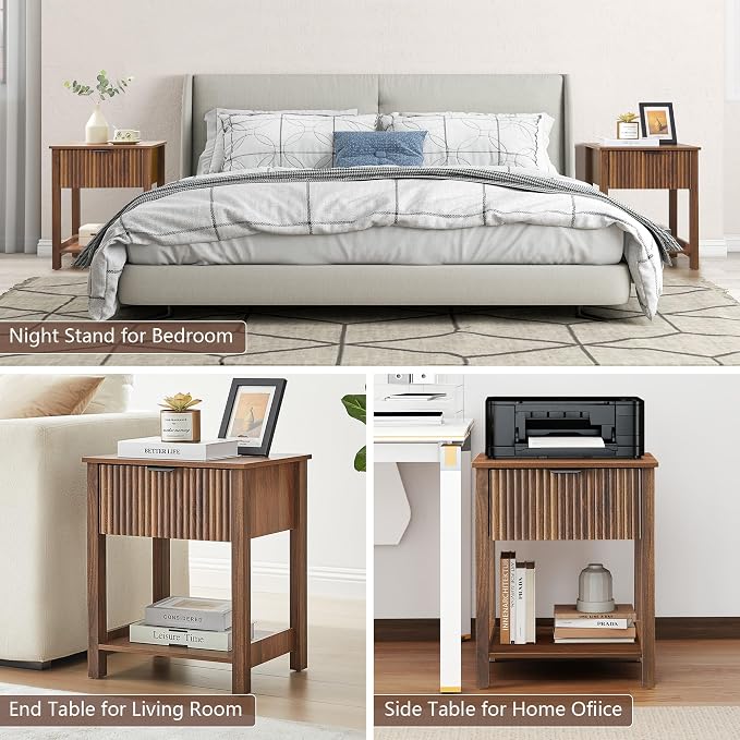 Mid Century Modern Night Stand with Drawer, Farmhouse Nightstand for Bedroom, Small End Table with Storage, Living Room/Bed Side Table for Small Spaces, Fluted Nightstand Set of 2 - Image 5