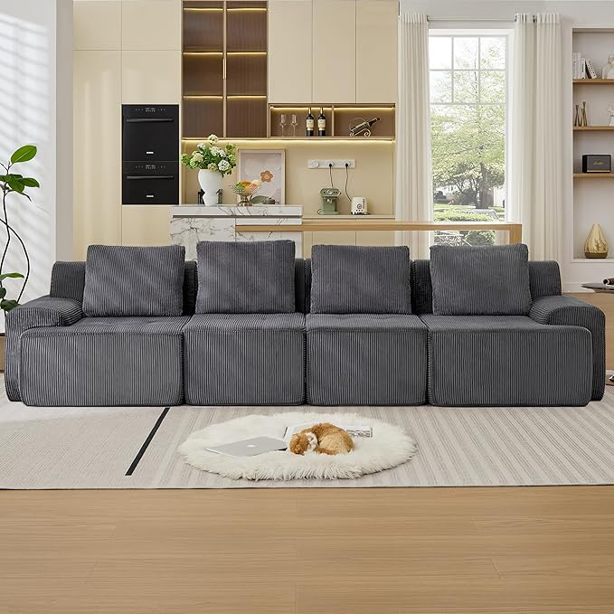 Modular Sectional Sofa, 6 Seat Modular Couch, Modular Sofa with Deep Seat and Detachable Pillow (Grey, 4 Pieces-Rowshape)