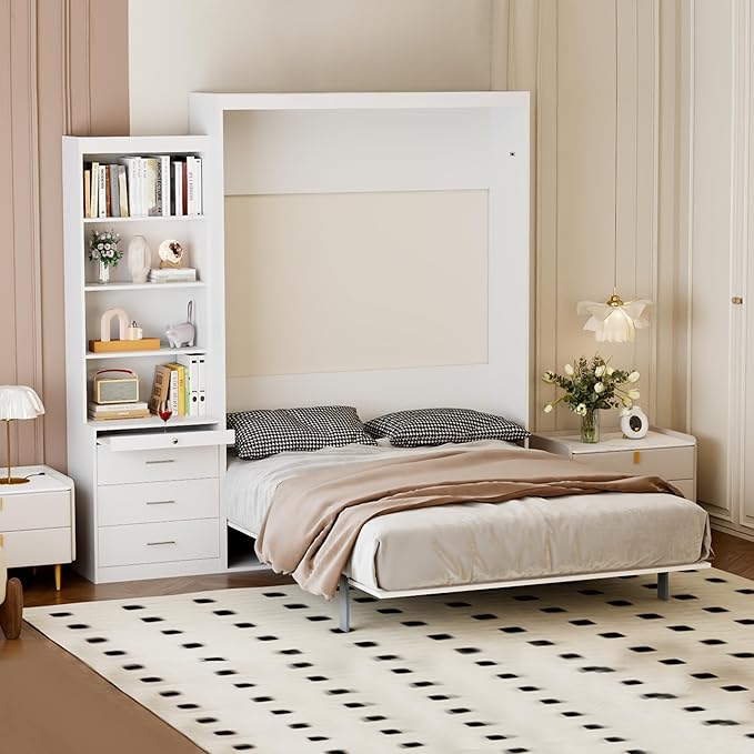 Full Size Murphy Bed Cabinet with Shelf and Drawers, Plywood Hidden Beds,Wall Bedframe for Bedroom,Space-Saving, Noise Free, White