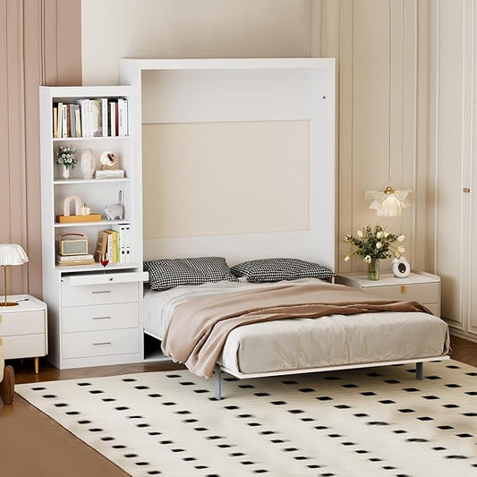Full Size Murphy Bed Cabinet with Shelf and Drawers, Plywood Hidden Beds,Wall Bedframe for Bedroom,Space-Saving, Noise Free, White