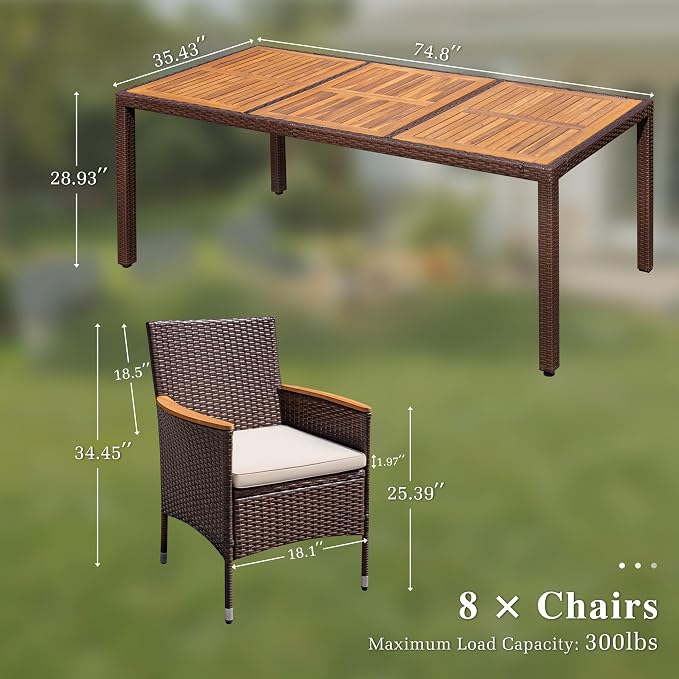 Devoko Outdoor Patio Dining Sets 9 Pieces Wicker Outdoor Dining Table and Chairs Set with Acacia Wood Table Top and Widened Armrests for Backyard, Garden, Deck (Brown) - Image 6