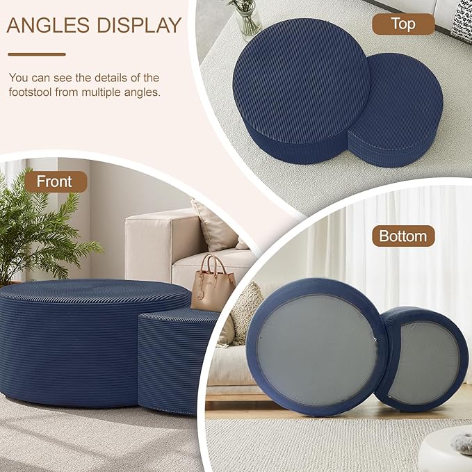Nesting Coffee Table Set of 2, Upholstered Round Corduroy Circle Foam Round Side Table for Living Room, Entryway Set, 32"+17" Footrest No Assembly (Blue, 32"+17")