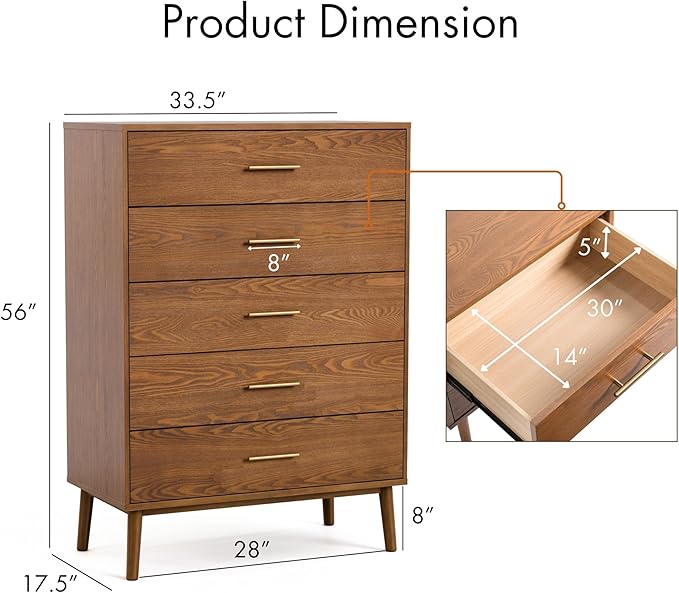 Furniture of America Wyatt Modern Solid Wood Bedroom Collection with Queen Bed Frame, Nightstands, Dresser with Mirror, Chest, No Box Spring Needed, Walnut, Standard Platform, 6-Piece Set