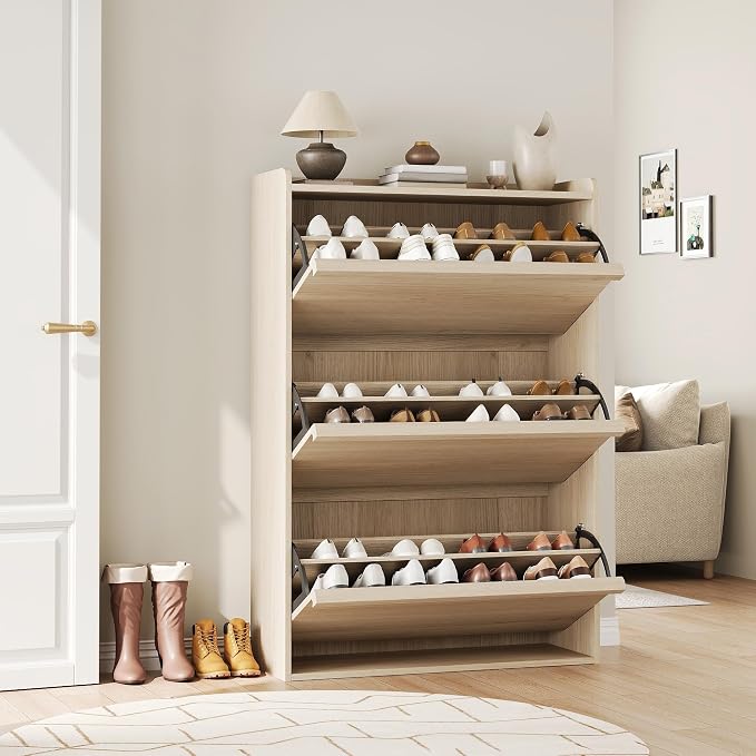 GarveeHome Shoe Cabinet with 3 Flip Drawers, Wooden Shoe Organizer Cabinet with Adjustable Shelf, Shoe Storage for Entryway, Hidden Shoe Cabinet for Hallway, Living Room, Natural Oak - Image 7