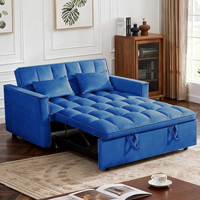 3 in 1 Sofa Bed, Love Seat Sleeper Bed with Side Pockets, Velvet Fabric Pull Out Couch with Adjustable Backrest for Living Room, Bedroom, Apartment, Blue