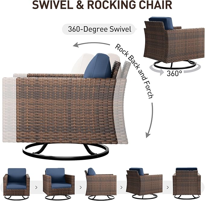 UDPATIO 5 Pieces Patio Furniture Set with Fire Pit Table, Outdoor Conversation Set with Rocking Swivel Chairs, Wicker Furniture Set with Waterproof Cover, 4'' Thickened Cushion, Navy