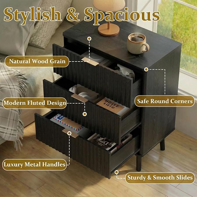 Nightstands Set of 2 Tall Night Stand with 3 Drawers 23.6" Wide, Fluted Wood Bedroom Bed Side Table Living Room End Table with Storage, Mid-Century Modern Black Nightstand Wooden Bedside Table, 2 Pcs - Image 4