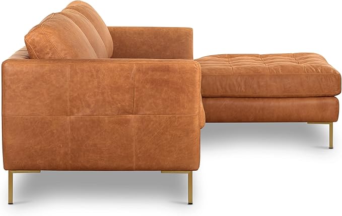 Poly & BARK Calle Right-Facing Sectional in Full-Grain Pure-Aniline Italian Tanned Leather in Cognac Tan and Brass Legs