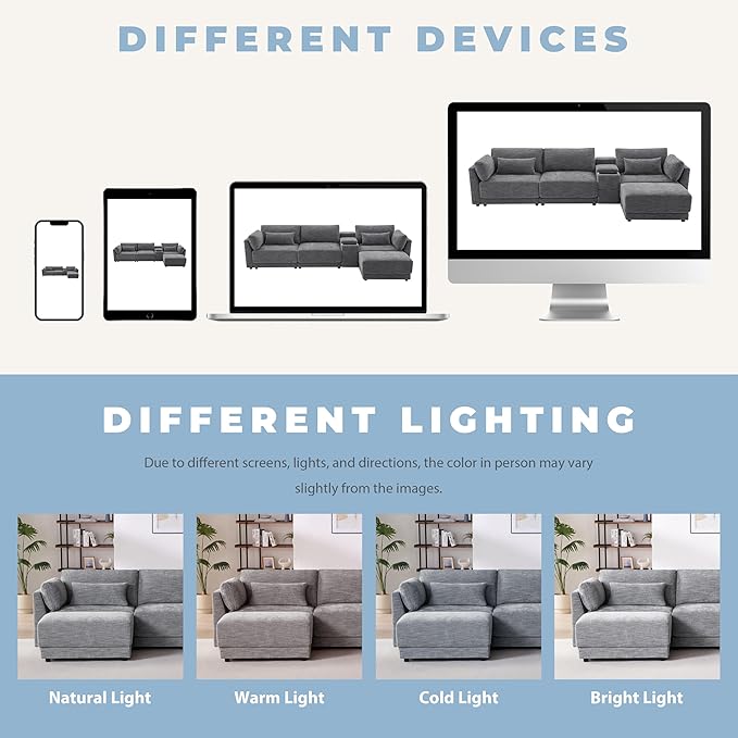 124" L-Shaped Corner Sectional Sofa with Multi-Functional Storage Console for Home Apartment, Luxury Chenille Upholstered Cloud Couches W/Wireless Charger & Ottoman