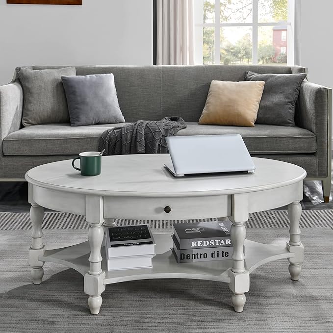 MODERION Coffee Table with Drawer, Solid Wood Oval Center Table with Storage Shelf, Traditional Living Room Table with Elegant Vintage Style, 45” x 27.6” x 18.2” Antique White KFZ2233RW