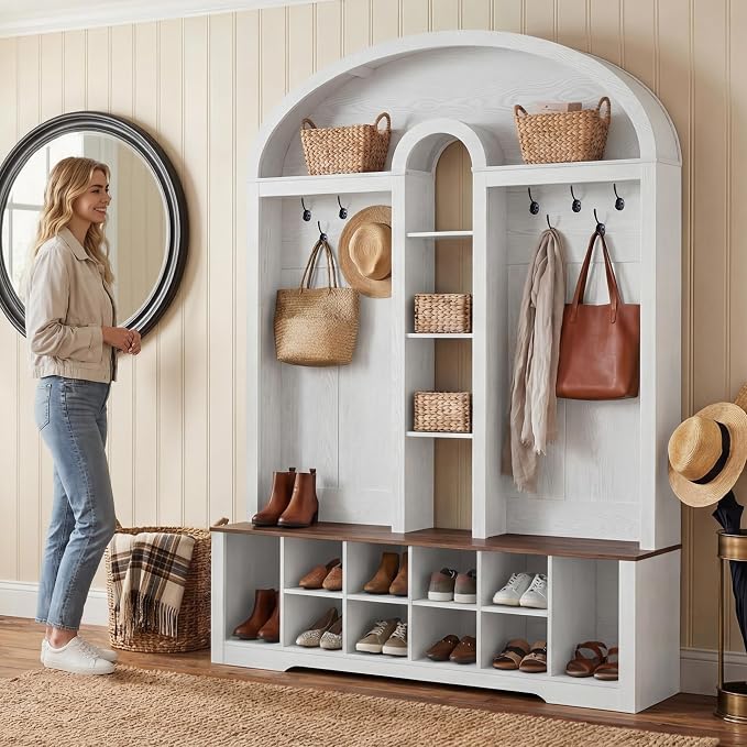 YITAHOME 59" W Hall Tree with Shoe Storage, Arched Entryway Bench with Coat Rack, 10 Shoe Cubbies Shelves & 10 Coat Hooks, Shoe Storage Bench for Entryway Hallway,White - Image 2