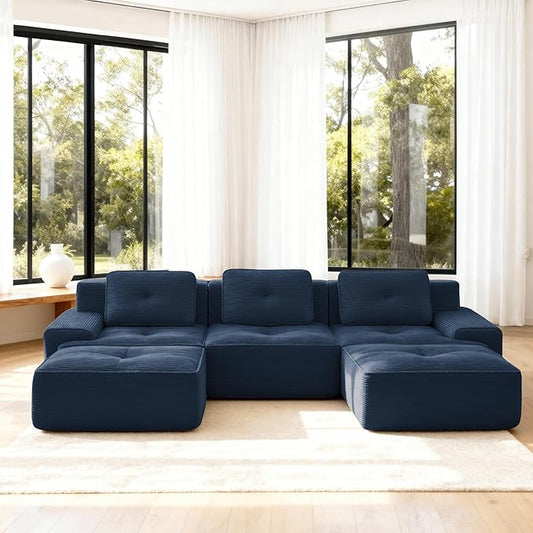 Casaphoria 115'' Blue Modular Sofa Set, 3-Seat U-Shaped Corduroy Couch with 2 Ottomans for Large Living Room No Assembly Required Deep Seat Sectional Couch