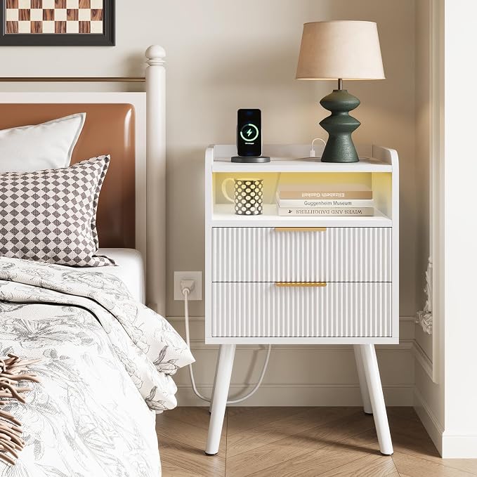Fixwal White Fluted Nightstand with Charging Station, LED Night Stand with 2 Wood Drawers for Bedroom, Modern Bedside Table, 15.7 x 11.8 x 25.6in - Image 6