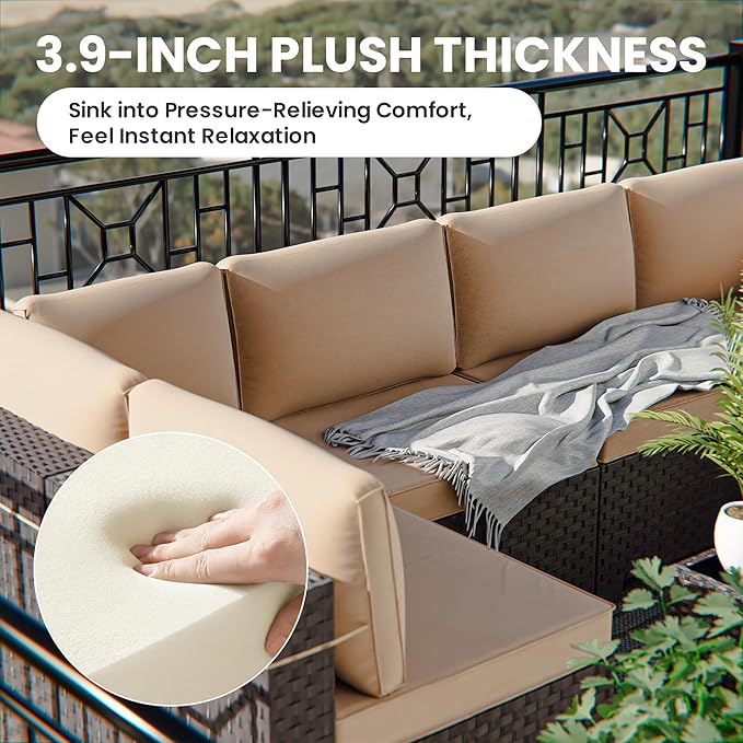 16 PCS Outdoor Patio Furniture Set,Outdoor Sectional Furniture with 45" 55000 BTU Gas Propane Fire Pit Table,All Weather PE Rattan Wicker Patio Conversation Set,Swivel Rocking Chairs Set,Sand