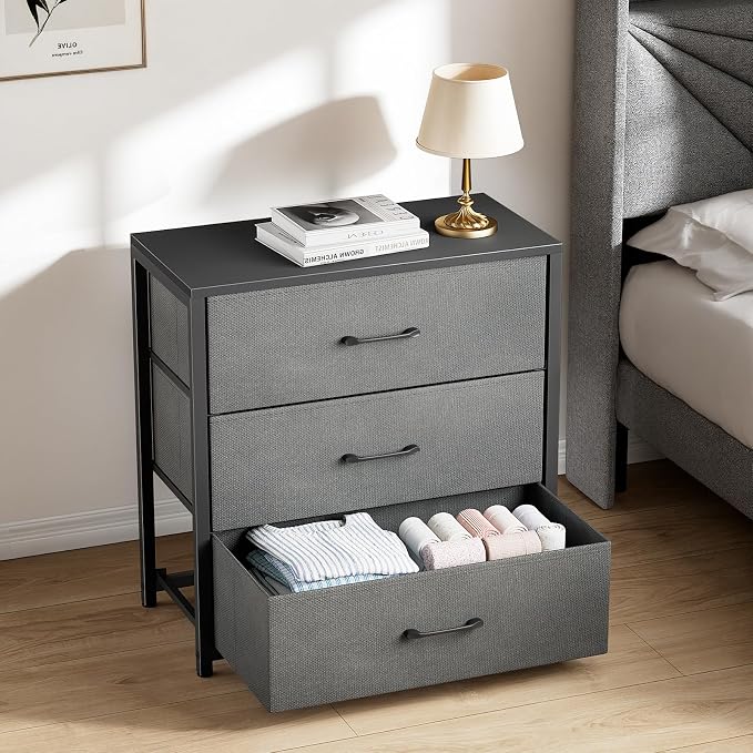 Memobarco Nightstand with 3 Drawers for Bedroom, Storage Dresser with Fabric Drawers and Metal Frame for Closet, Living Room, Bedside Table with Wood Top, Easy Pull Handle, Gray by MEMOBARCO