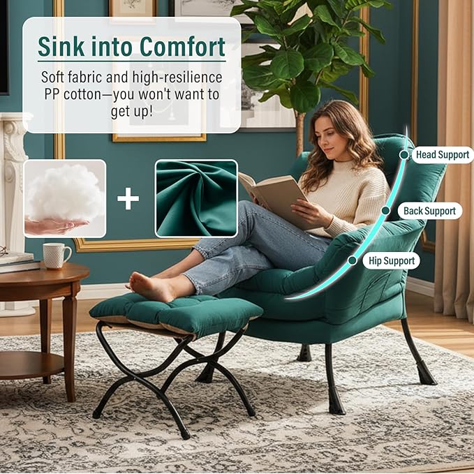Furlide Lazy Chair with Ottoman, Modern Accent Chair with Armrests and a Side Pocket, Dark Green Accent Chairs, Reading Chairs, Oversized Armchairs for Bedroom, Study, Living Room, Courtyard