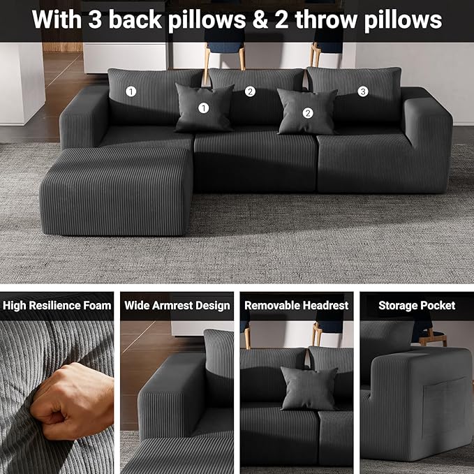 Modern L-Shaped Modular Sectional Couches for Living Room, Bedroom, Oversized 4 Seater Upholstered Boneless Sofa with Ottoman, Deep Seat, Pockets No Assembly Required (Gray) | Corduroy Sofa, High-density Foam, No Assembly Required, Sectional Couches