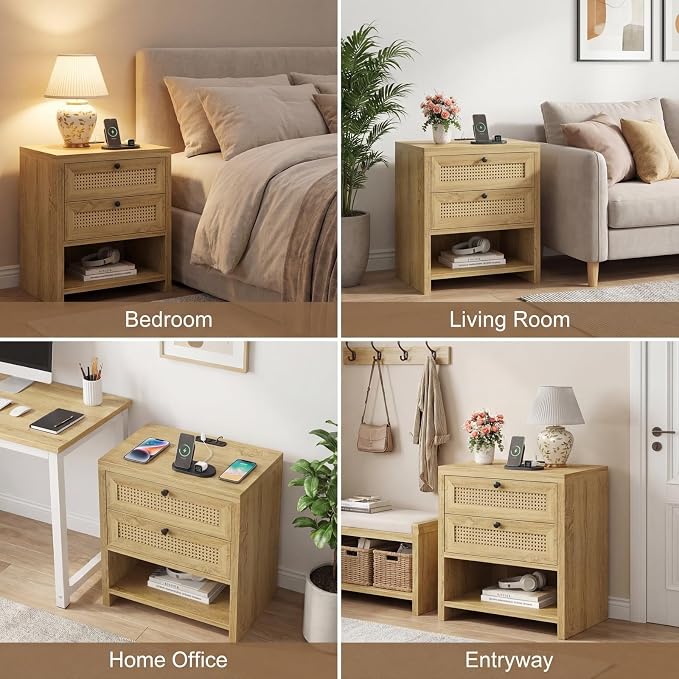 LIKIMIO Night Stand, 23" Wide Rattan Nightstand with Charging Station, Boho Side Table with 2 Drawers and Open Shelf, Bedside Table for Bedroom, Natural Oak - Image 8