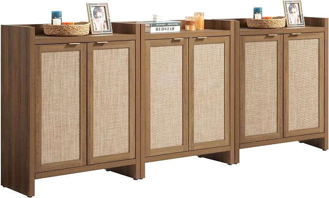 SICOTAS Shoe Cabinet Set of 3, Large Capacity Shoe Storage Organizer Cabinet, Tall Rattan Shoe Cabinet with Doors and Shelves, 6-Tier Farmhouse Boho Wooden Storage Cabinet for Entryway Hallway by SICOTAS