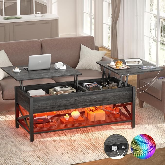 Aheaplus Lift Top Coffee Center Table with LED Light and Power Outlet, Modern Table with Storage Shelf for Living Room, Lift Tabletop, X Support, Metal Frame, Black Oak