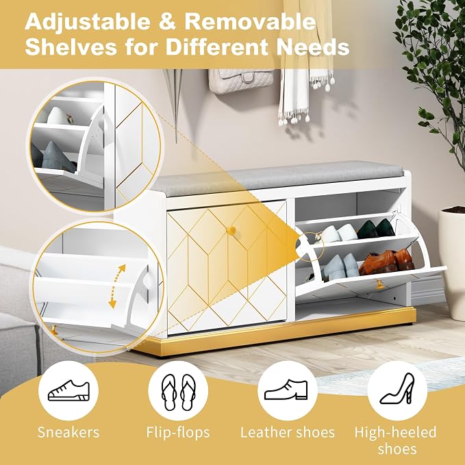 HLR Shoe Bench with Storage, Modern Entryway Bench with 2 Flip Drawer & Padded Cushion Seat, Shoes Storage Bench for Hallway, Closet, Living Room, White Shoe Storage Cabinet with Bench - Image 5