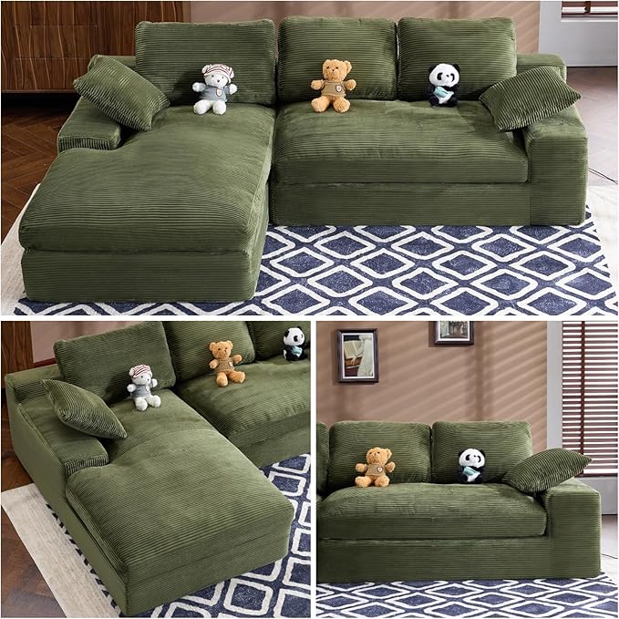 L Shaped 4 Seater Sofa, Modern Modular Sofa with 3 Back Cushions & 2 Coordinating Pillows, 98'' Corduroy Leisure Combination Couch with Wide Seat & High-Resilience Foam for Living Room, Green