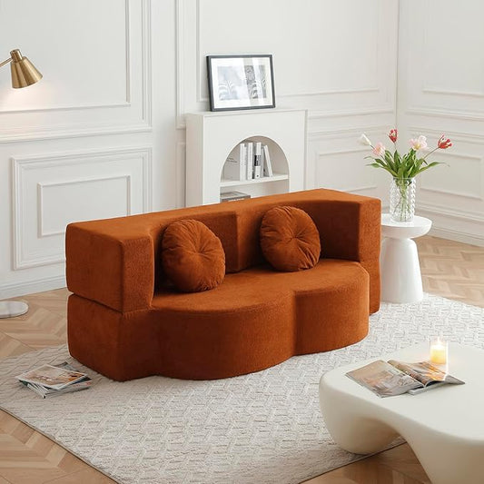 KEIKI 2-in-1 Folding Sofa Bed with Pillow, Queen Sleeper Sofa, Floor & Futon Loveseat Couch, Foam Folding Mattress for Living Room, Guest Use, Office, Apartment, No Assembly Required, Orange