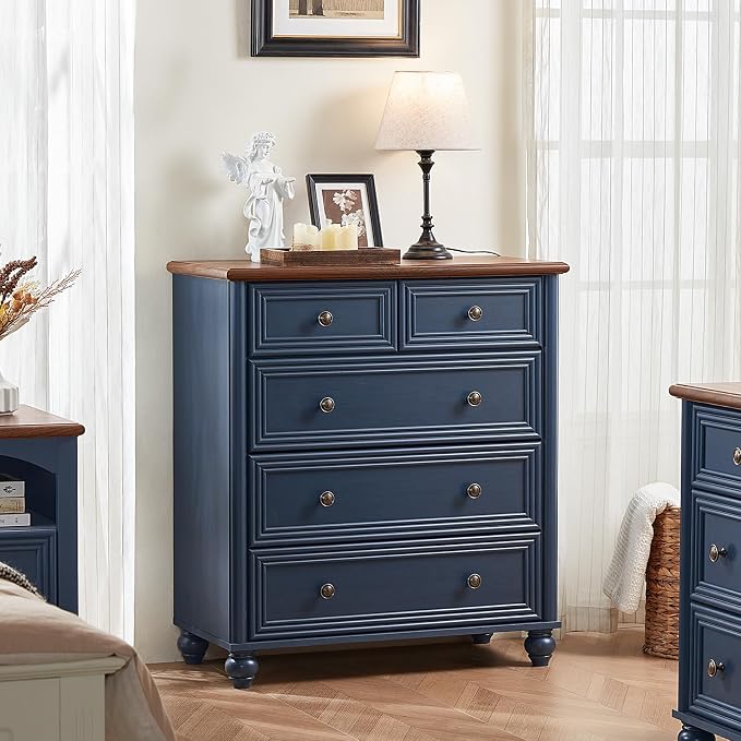 RWYHG Farmhouse 5 Drawer Dresser, Blue Rustic Chest of Drawers, 35.5" Tall Small Dressers for Bedroom with Roman Column and Metal Handles,Wood Storage Organizer for Living Room, Hallway, Closet - Image 4