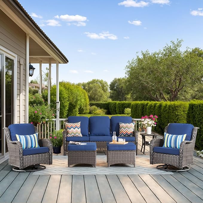 HOOOWOOO Patio Furniture Set,6 Piece Outdoor Furniture Set with Swivel Chairs,Wicker Patio Conversation Couch Chairs Ottoman Set,Navy Blue