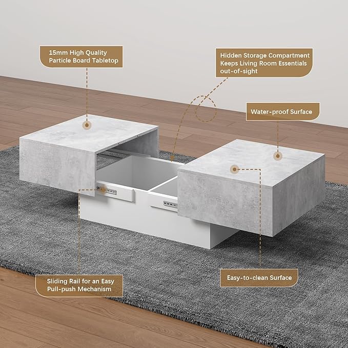 Modern Coffee Table with Storage for Living Room, Living Room Table Rectangular Center Tables, Sliding Top with Hidden Storage, Wooden Cocktail Table for Dining Reception Room, Grey