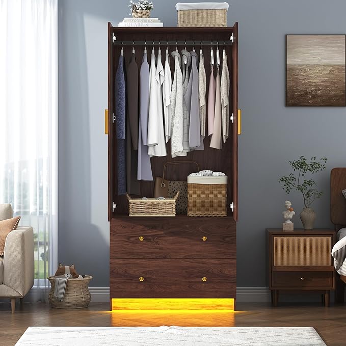 chartustriable 2 Doors Armoire Wardrobe Closet with Mirror, LED Closet with Doors and Drawers, Wooden Wardrobe Storage Cabinet with Hanging Rod, Small Armoire, Brown