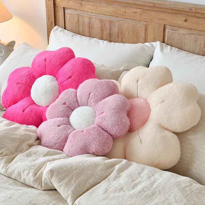 Flower Shaped Pillow, Cute Decorative Throw Pillows with Soft Rabbit Fur for Couch Bed Chair Floor, Christmas Pillow Seating Cushions with Room D??cor for Bedroom Living Room(19.6 Inches, Beige)