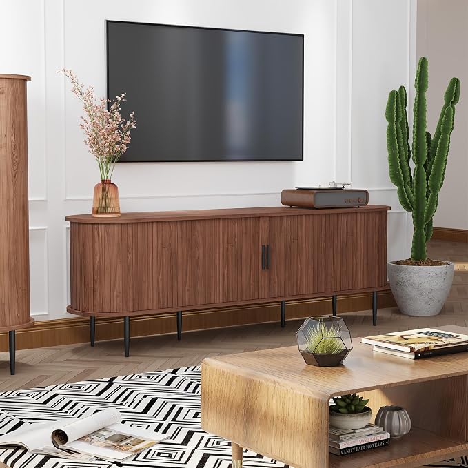 ARTPOWER 70" Modern TV Stand with Tambour Door for TVs up to 80", Entertainment Center with Storage, Fluted Television Consoles for Living Room, Brown - Image 4